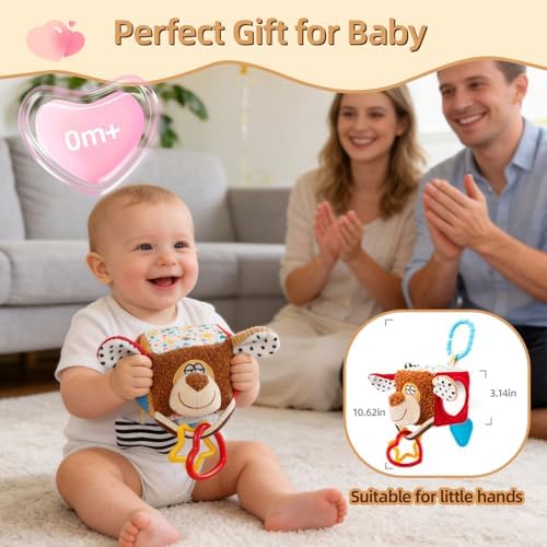 Baby Car Seat Toys Hanging-Carseat Dog Cube Toy, Infant Sensory Toys for 6 7 8 9 10 11 12 Months, Travel Activity with Rattle, Montessori Plush Newborn Girl Boy Gifts - Image 7
