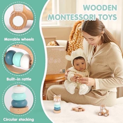 FReniland Wooden Montessori Toys, 5-Piece Wooden Baby Toy, Koala Baby Rattle, Fox Stacking Ring, Little Fox Push and Pull Toys,Koala Holding Toy,Newborn Baby Gift Sets for Boys and Girls - Image 2