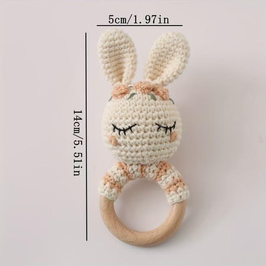 Natural Hand-Knit Wooden Baby Rattle - Soft Animal Shaped Sensory Toy for Newborns, Infants | Safe Beechwood & Crochet Texture | Perfect Baby Shower Gift - Image 7