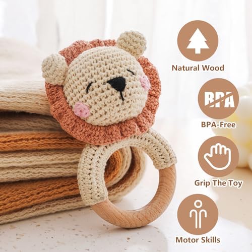 Wooden Baby Rattle,Crochet Lion Rattle with Wood Ring, Newborn Wooden Animal Rattle Toy,Infant Lion Wood Rattle Toys - Image 2