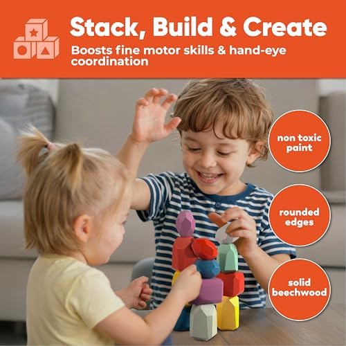 BUNMO Wooden Blocks 40 pcs, Non-Toxic Toddler Toys | Perfect as Sensory Table Stacking Rocks | Toddler Montessori Toys for Screen-Free, Hands-On Fun | Wood Blocks or Stacking Stones for Building - Image 2