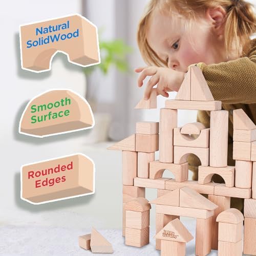 iPlay, iLearn Kid Wooden Building Block Toy Set, Toddler Natural Wood Block - Image 2