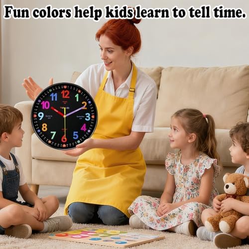 Learning Wall Clock, 12 Inch Classroom Clock, Battery Operated Silent Analog Wall Clocks for Bedroom Classroom Decor, Homeschool Supplies Telling Time Teaching Clocks for Kids, Black - Image 6