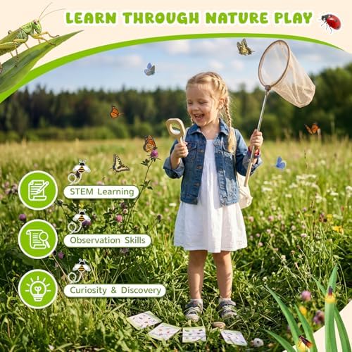 GAGAKU Wooden Bug Catcher Kit for Kids 4-8, 9PCS Outdoor Nature Exploration Set with Expandable Butterfly Net, Magnifying Glass, STEM Learning Game Cards, Educational Catching Toy for Backyard Camping - Image 7