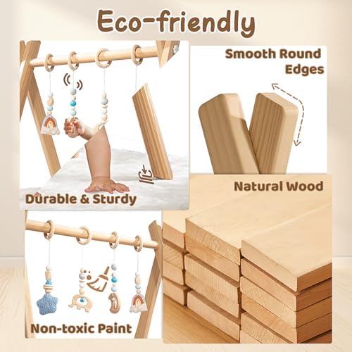 Wooden Baby Play Gym with Activity Mat, Foldable Baby Gym Frame with Hanging Sensory Toys for Newborn, Tummy Time Playground - Image 2