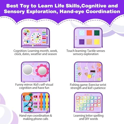 JHkim Busy Board Montessori Toys, Birthday Gifts for Girls, Autism Sensory Travel Toy, Educational Activity Busy Book, Preschool Learning Fine Motor Skills Toys,Purple - Image 2