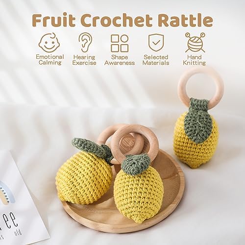 WOODEN TEETHER Crochet Baby Rattle, Crochet Baby Toys, Organic Wooden Newborn Toys, Newborn Animal Rattle Toys,Knitted Stuffed Animals Gifts for Baby, Lemon - Image 2