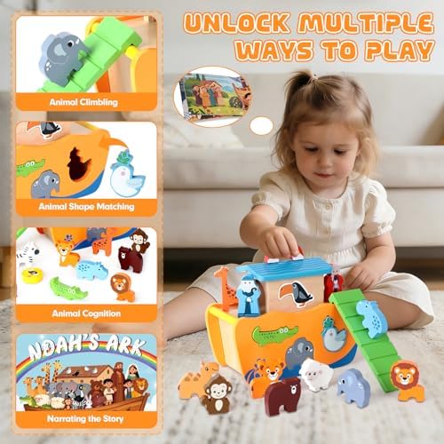 Hoarosall 27-Piece Wooden Noah's Ark Toy for 1-3 Year Olds Baptism Christmas Birthday Gift Bilingual Bible Story Montessori Shape Sorter Christian Educational Toy for Boys Girls - Image 2