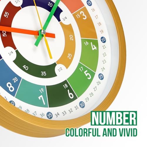Kids Wall Clock Telling Time Silent Non-Ticking Learning Clock Colorful Teaching Wall Clocks Round Plastic Analog Educational Decor Clock for Classroom, Playroom, Bedroom (EDU2-Wood, 10 inch) - Image 6
