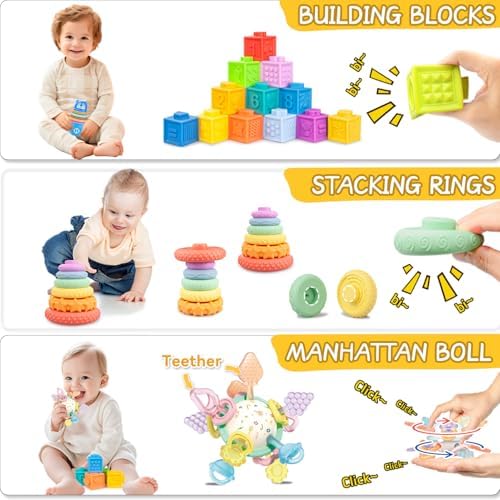 6 in1 Baby Toys 6-12 Months,Infant Toys 6-12 Months,Incl 12pc Soft Stacking Blocks &Silicone Pull String & Manhattan Ball& 2 Stacking Toys & Sensory Toys for Babies. Baby Development Toys - Image 6