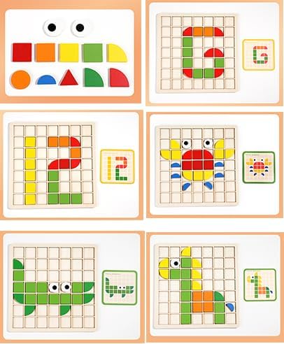 Wooden Pattern Blocks Set 120 Pcs Geometric Shapes Puzzle Classic Montessori Educational Tangram Toys with 24 Design Cards for 4-8 Year Old Kids - Image 6