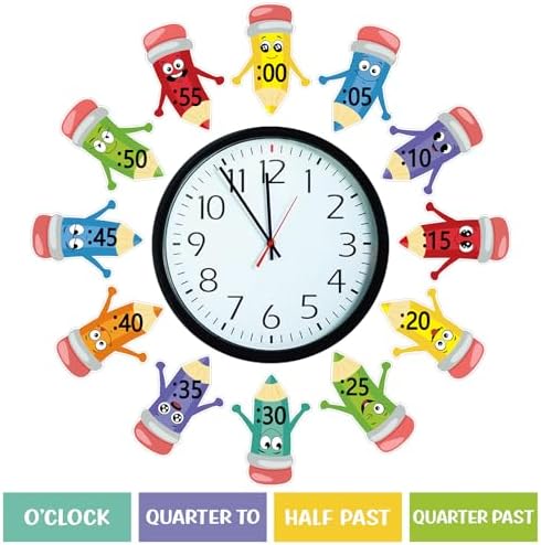 Clock Numbers Bulletin Board Kits,Pencil Telling Time Teaching Clock for Kids Labels, Learning to Tell Time Cutouts for Elementary Math Classroom Must Haves (Pencil) - Image 6