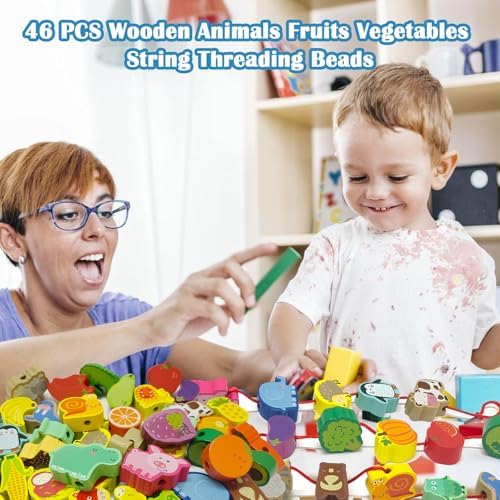 46 PCS Wooden Lacing Beads,Animals Fruits Threading Toys - Image 7