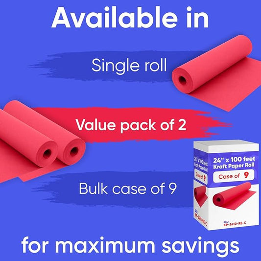 24" x 1200" (100 ft) Red Kraft Paper Roll (Value Pack of 2), 45 lbs Thickness, Made in USA Colored Kraft Paper for School, Bulletin Board - Odorless, Non-Toxic, Safe for Kids