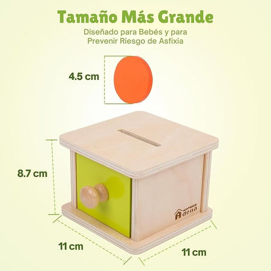 Adena Montessori Coin Box,Object Permanence Box Toys for 1 Year Old Baby Coins,Wooden Montessori Ball Drop Toys Developmental Toys for 6-12 Month Infant Toys,Learning Kids Gifts(Yellow-Green Door)