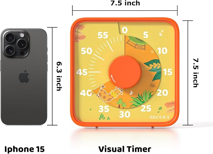 Secura 7.5-Inch Animal Pattern Visual Timer for Kids, 60-Minute Countdown Timer for Classroom or Kitchen, Durable Mechanical Timer Clock with Magnetic Backing (Orange) - Image 7