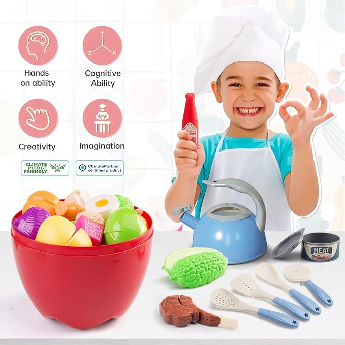 100Pcs Kitchen Playset, Kids Pretend Cooking Play Pots, Pans, Utensils, Cookware, Toy Food Fruits Veggies, with 2 Large Apple - Shaped Storage, Toddler Cooking Learning Gift (Blue - Image 8