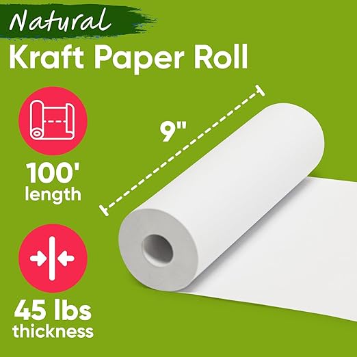 9" x 1200" USA-Made White Kraft Paper Roll, 45 Lbs/66 GSM Thickness, American Quality Colored Roll Paper for School, Bulletin Board, Crafts - Odorless, Non-Toxic, Safe for Kids