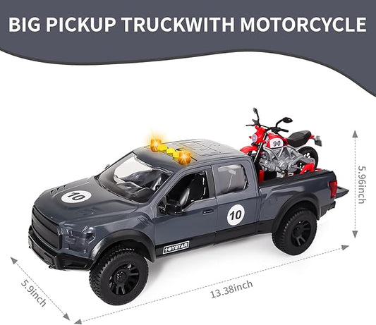 Pickup Truck Toy with Motorcycle, Featuring Lights and Sound Effects,Toy Car with Opening Doors, Toy Cars Gifts for 3+ Year Old Kids(Grey Pickup)