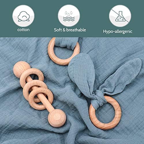 TANOFAR Muslin Baby Lovey Blanket, Wood Rattle, 3 Pack Montessori Gift, Navy Blue, Cotton, Double Gauze, Baby Shower, Gender Neutral Gift - Image 2