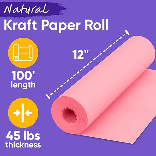 USA Made 12" x 1200" Pink Kraft Paper Roll, 45 lbs Thickness, American Quality Colored Craft Paper Roll for School, Poster Arts, Bulletin Board - Odorless, Non-Toxic, Safe for Kids