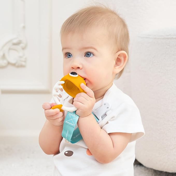Teething Toys 3-6 Months with Pacifier Clip,Soft Silicone Clownfish Teethers for Babies 6-12 Months,Baby Chew Toys for Teething Relief,Sensory Development,Easy to Grip,BPA-Free(Saffron)
