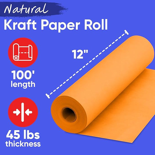 USA-Made 12" x 1200" Orange Kraft Paper Roll, 45 lbs Thickness, American Quality Colored Craft Paper for School, Bulletin Board for Kids - Odorless, Non-Toxic, Safe