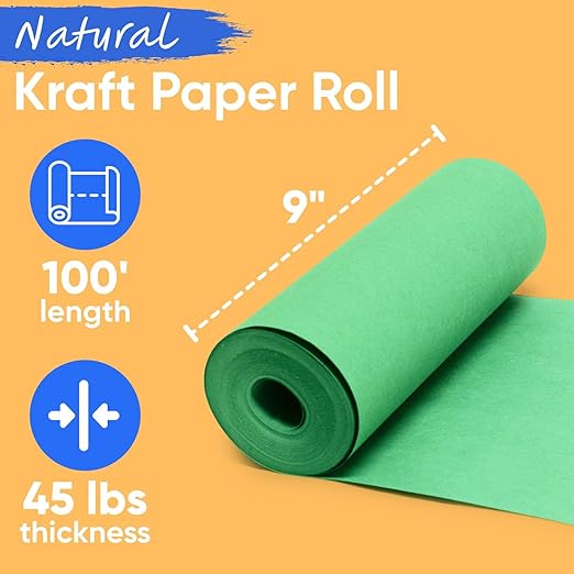 9" x 1200" USA-Made Green Kraft Paper Roll, 45 Lbs/66 GSM Thickness, American Quality Colored Roll Paper for School, Bulletin Board, Crafts - Odorless, Non-Toxic, Safe for Kids