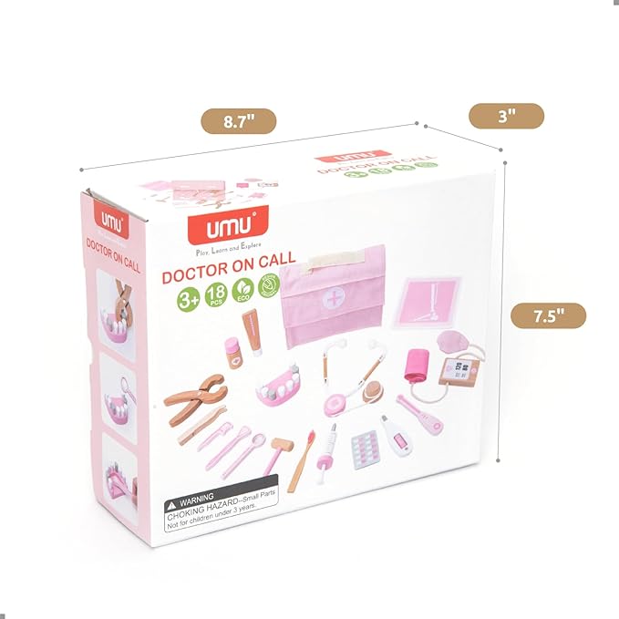 UMU® Wooden Doctor Kit for Kids – 18 pcs Doctor and Dentist Play Set for Toddlers with Stethoscope, Syringe, Tooth Model & More – Medical Pretend Play Toy for Girls Ages 3 4 5 6