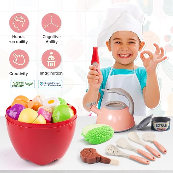 100Pcs Kitchen Playset, Kids Pretend Cooking Play Pots, Pans, Utensils, Cookware, Toy Food Fruits Veggies, with 2 Large Apple - Shaped Storage, Toddler Cooking Learning Gift(Pink) - Image 8