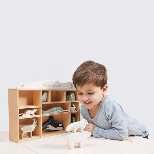 Tender Leaf Toys - Polar Animals - 10 Solid Wood Polar Animals with Shelving Unit - Made for Little Hands, Improve Hand-Eye Coordination for Boys and Girls - Age 3+