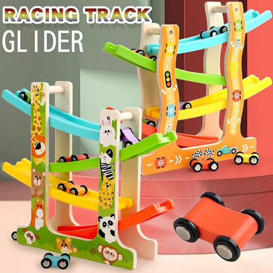 Wooden Car Ramp Toy for 1 2 3 Year Old Boys and Girls 4 Level Toddler Race Track with 8 Mini Cars Garage - Montessori Toys for 1-3 Year Old Christmas Birthday Gifts