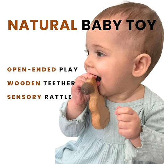 Wooden Montessori Sensory Baby Toy for 0-12 Month - Natural Wood Baby Teether & Rattle - Handcrafted Organic Teething Toy - CPSIA Certified Safe BPA Free No Paint No Plastic - Baby Boy Girl Gift