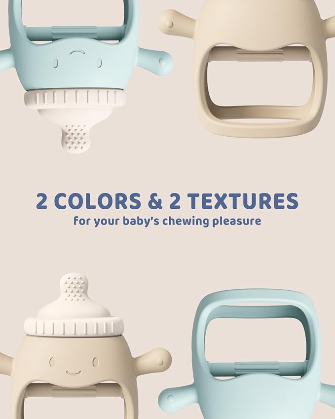 2Pack Baby Teething Toy for Over 3 Month, Food Grade Silicone Teething Mitten, Anti Dropping Wrist Hand Teethers Baby Chew Toys for Sucking Needs, BPA Free (Patent Pending) (Blue & Beige)