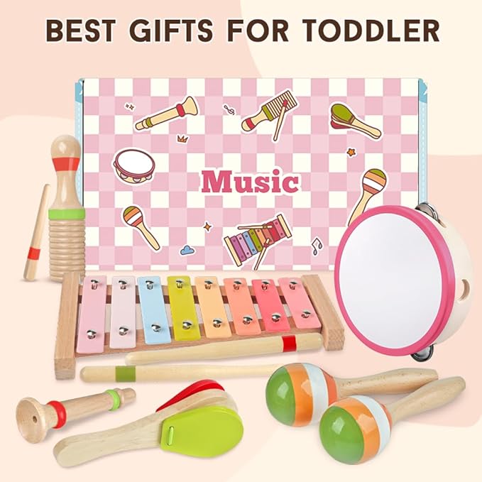 Toddlers Musical Instruments for 1 2 3 Year Old Girls,Baby Montessori Wooden Musical Toys for Toddlers 1-3 Year Old,Kids Musical Toy for Preschool,Christmas Birthday Gift for Baby Girls (Pink 6 in 1)