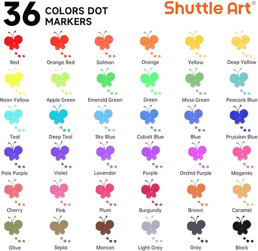 Shuttle Art Dot Markers, 36 Colors Washable with 135 Activity Sheets, 5 Activity Books, Fun Art Supplies for Kids Toddlers and Preschoolers, Non Toxic Water-Based Paint Daubers, Dot Art Markers