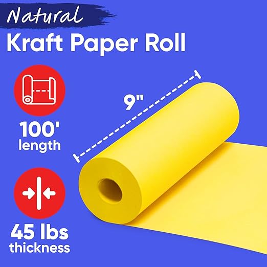 9" x 1200" USA-Made Yellow Kraft Paper Roll, 45 Lbs/66 GSM Thickness, American Quality Colored Roll Paper for School, Bulletin Board, Crafts - Odorless, Non-Toxic, Safe for Kids