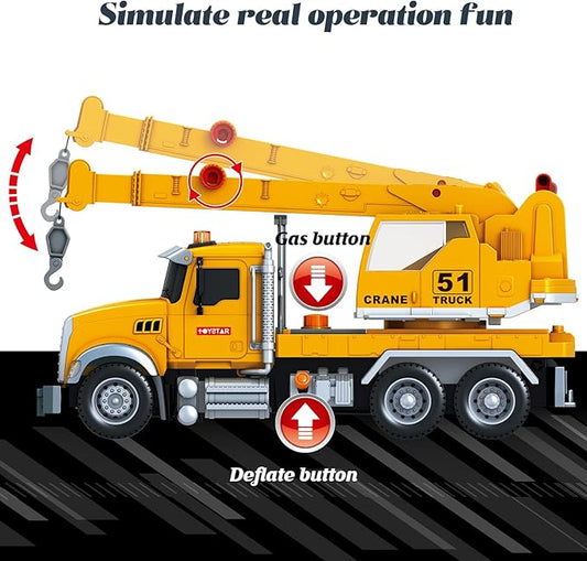 15 Inch Friction Powered Crane Truck Toy with Lights, Sounds & Movable Arms - Construction Vehicle Gift for Kids Boys Girls Ages 3-7