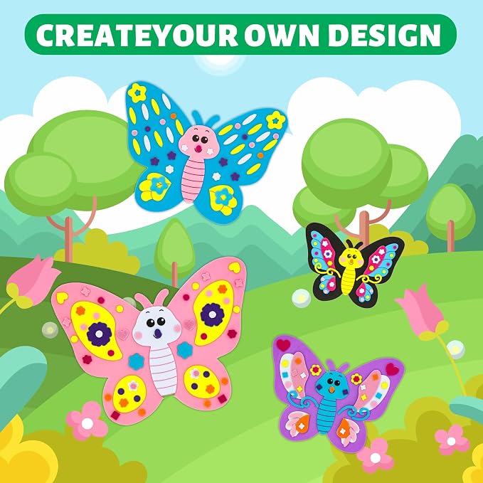VKPI 4 Butterflies Foam Art Crafts Gift Kit, Creative Make Your Own Butterflies, Cartoon Paper Craft Projects for Kids Ages 4+ Toddler, Preschool Learning Toy for Birthday Party Favor Supplies - Image 6