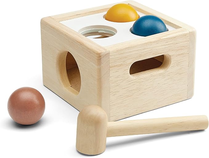 PlanToys® Punch and Drop Wooden Montessori Fine Motor and Cause and Effect Toy in Orchard Shade | Early Coordination and Tactile Learning Activity | Eco Friendly Hammer and Ball Set