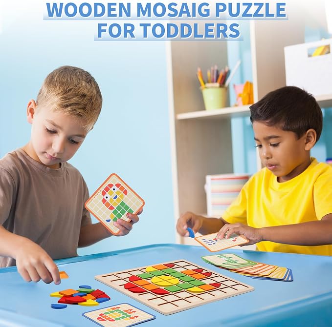 Montessori Tangram Educational, Geometric Shapes Puzzle Toys with 120Pcs Wooden Puzzle Blocks and 20Pcs Cards, Colorful Pattern Montessori Children's Educational Gifts for Kids Ages 3 and Up - Image 7