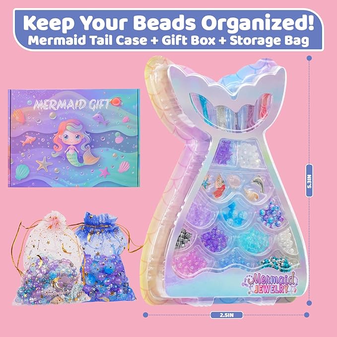 Danvren Mermaid Bracelet Making Kit for Girls, Mermaids Toys Jewelry Craft Christmas Birthday Gifts for Girl, 200+ DIY Beads,Charm Necklace Making Kits for Kids Ages 5-10