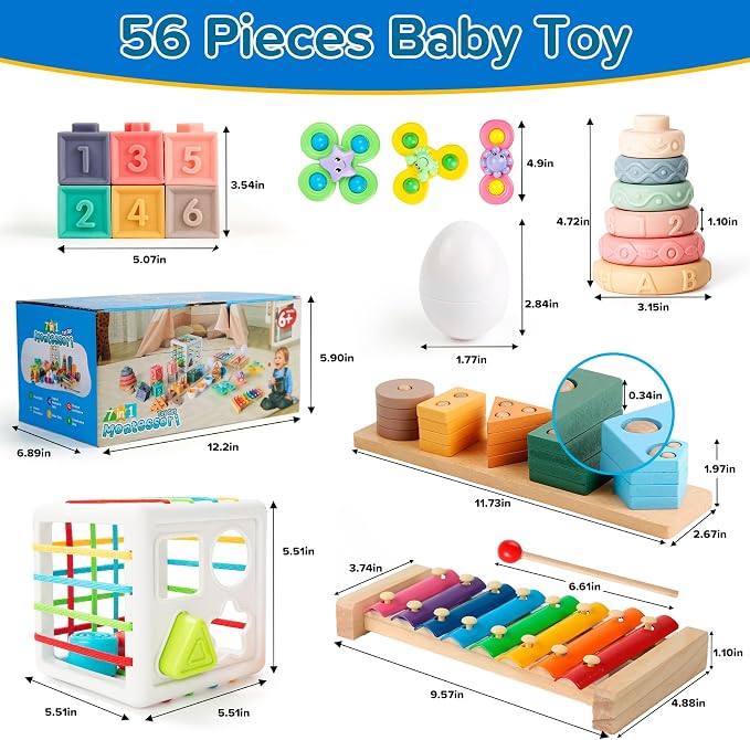 Somastung 7‑in‑1 Montessori Baby Toys for 6‑12 Months & 1+ Years, Infant Sensory Teething & Stacking Blocks | Wooden Shape Sorter, Xylophone Musical Toy, Birthday Gift for Toddlers 1‑3 - Image 8