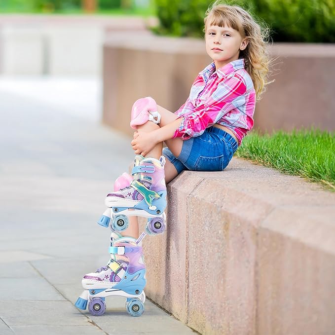 NEMONE Mermaid 4 Size Adjustable Light up Roller Skates for Girls, Purple Blue Skates for Toddlers, Beginner Kids Butterfly Roller Skates Indoor Outdoor