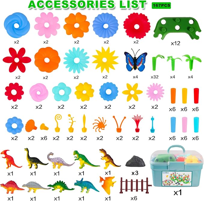 Toys Gifts for Age 2 3 4 5 6,167 PCS Dinosaur Flower Garden Building Blocks - Image 6