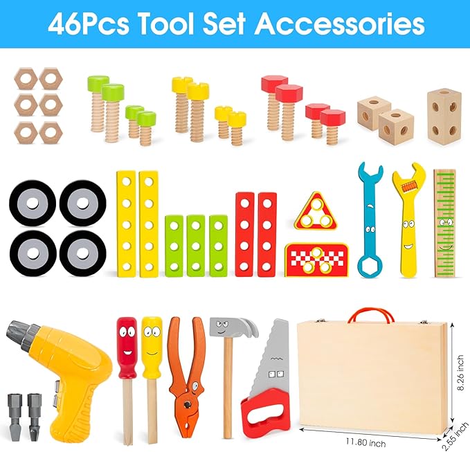 Kids Tool Set Toy with Drill, Stem Montessori Toys for 3 4 5 Years Old Boy Girl, 44 Pcs Wooden Toddler Tool Kits Inc Box, Learning Educational Construction Toy (Pack of 3) - Image 7