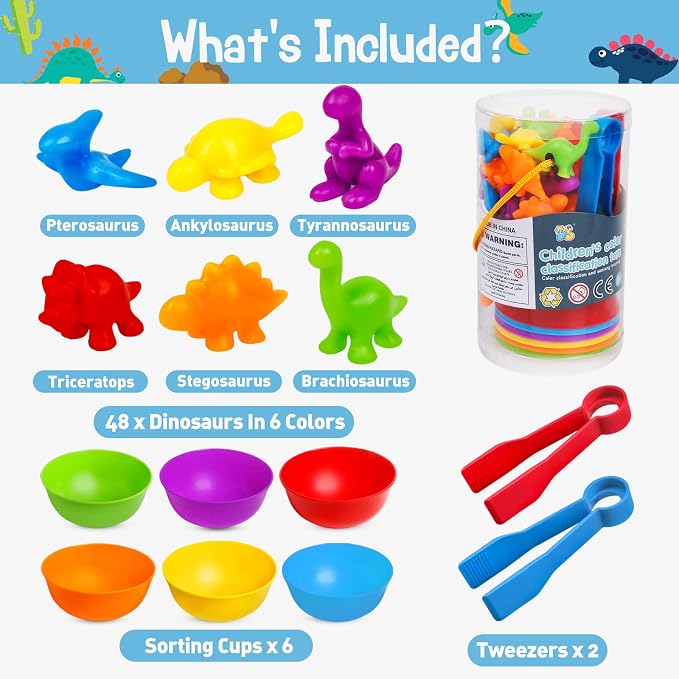 Counting Dinosaurs Color Sorting Toys with Rainbow Bowls,Sensory Training & Counting Activity Montessori Education Learning Activities Easter Basket Stuffers Gifts for Boys Girls - Image 7