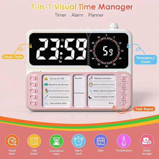 7-in-1 Visual ADHD Timer for Kids with Chore Chart Board, ADHD Tools Schedule for Kids with Autism, Alarm, Countdown, Date, Temperature, Storage, Daily Checklist for Home/School/Classroom/Desk(Pink) - Image 2