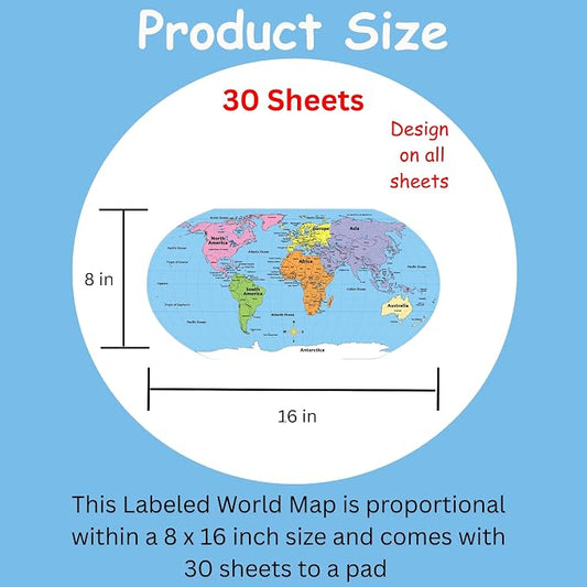 SHAPES ETC. 8" x 16" World Practice Maps Pad, Labeled, Blue, 30 Sheets - Image 2