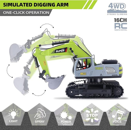 Remote Control Excavator Toys for Boys,16 Channel Dual Speed Control RC Excavator Construction Toys with Metal Shovel & Light,Simulated Smoke,Christmas Birthday Gift Toy for Boys Kids